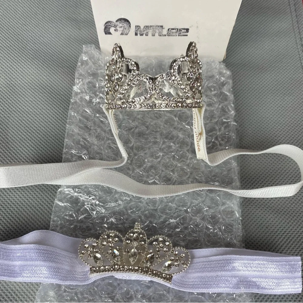 NIB MTLEE 2 Pieces Silver Baby Crown Baby Tiara Headband Little Girl Infant